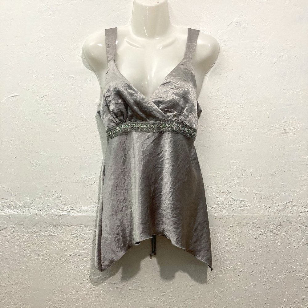 Anxiety Y2K Babydoll Top Adjustable straps Sequins Lace Gray Silky Tie back L